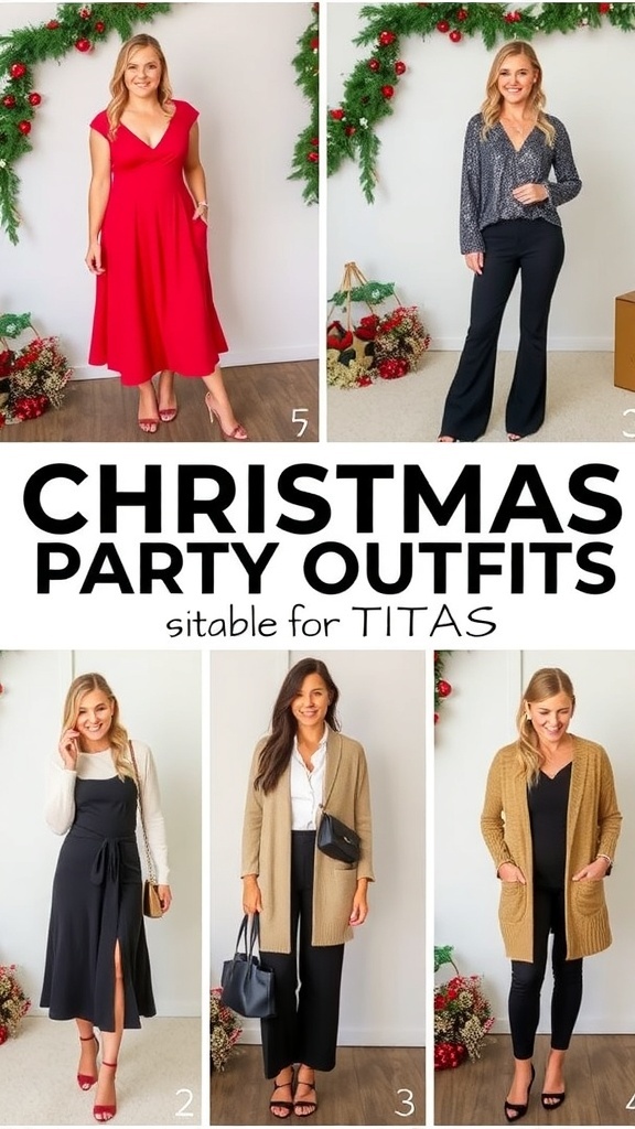 Stylish Christmas party outfits for titas, including dresses, trousers, and cozy sweaters, set against a festive background.